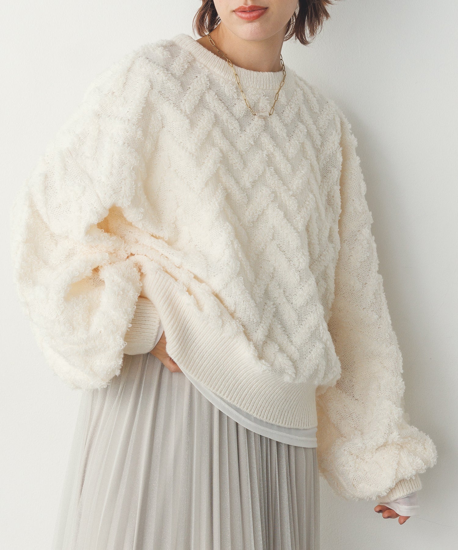 ハンチ hunch モヘアタッチヘリンボーン柄編みニット (オフホワイト) オフホワイト