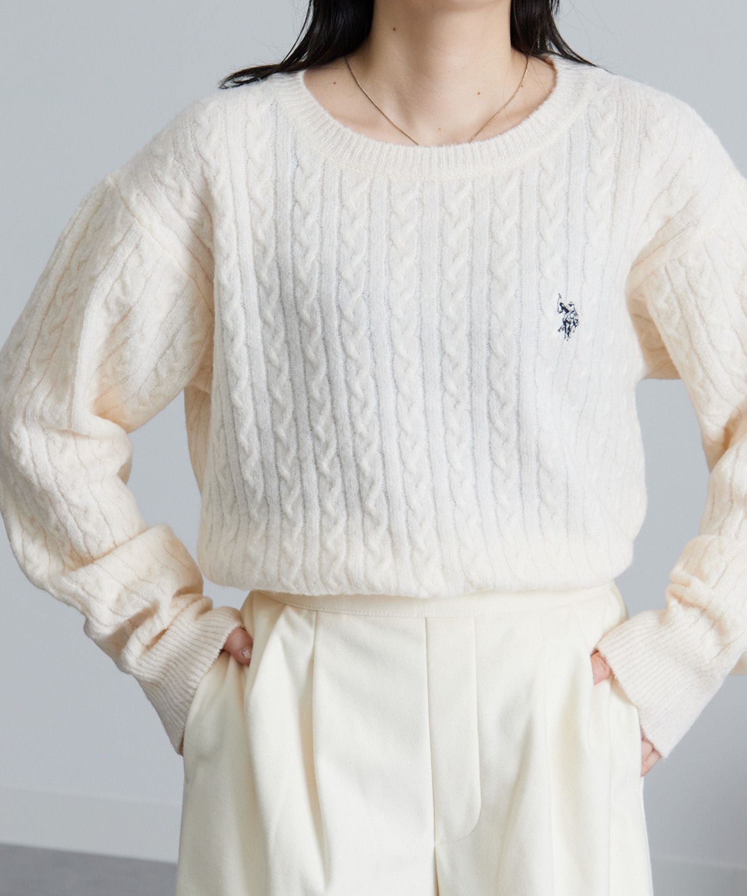 ラナン Ranan <U.S.POLO ASSN./ユーエスポロアッスン> ワンポイントケーブルニット