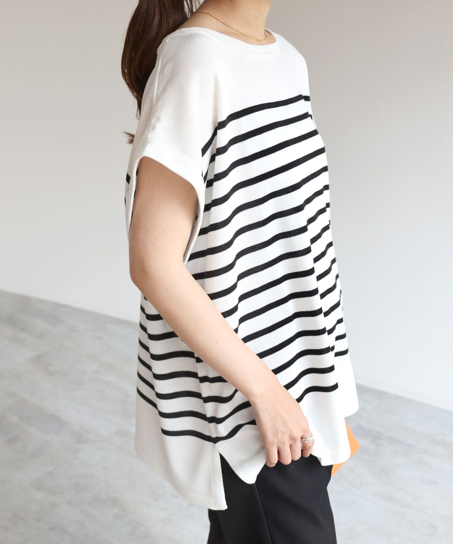 アンドミー andme パネルボーダーフレンチスリーブニットトップス