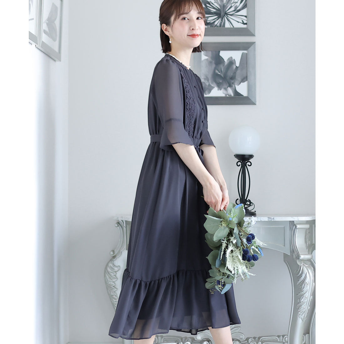 プールヴー PourVous ベルスリーブパーティードレス大きいサイズロング&七分袖結婚式フォーマル ワンピース 20代 30代 40代 (ブルー) ブルー