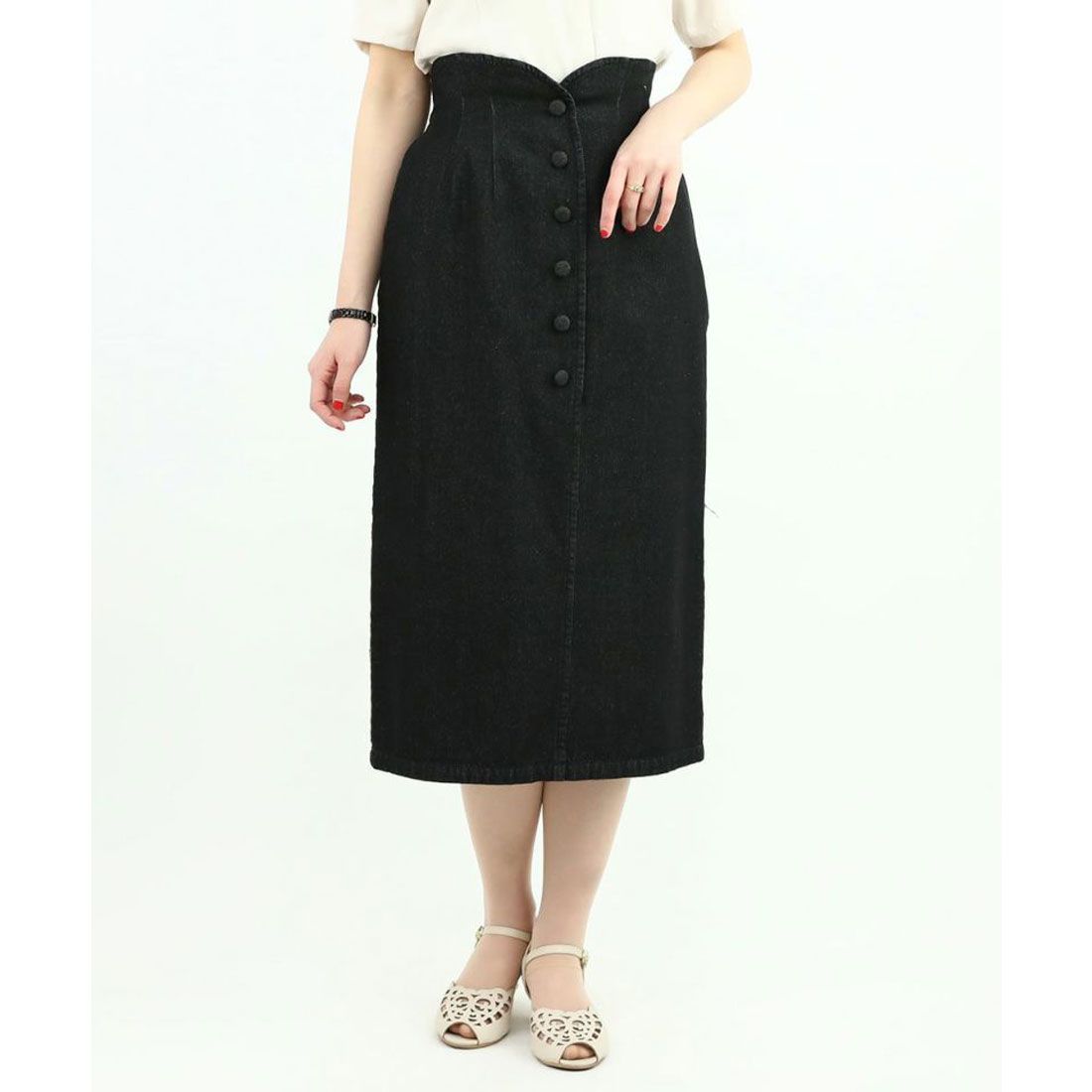 アンアナザーアンジェラス an another angelus フロント釦ハイウエストタイトスカート【洗える】