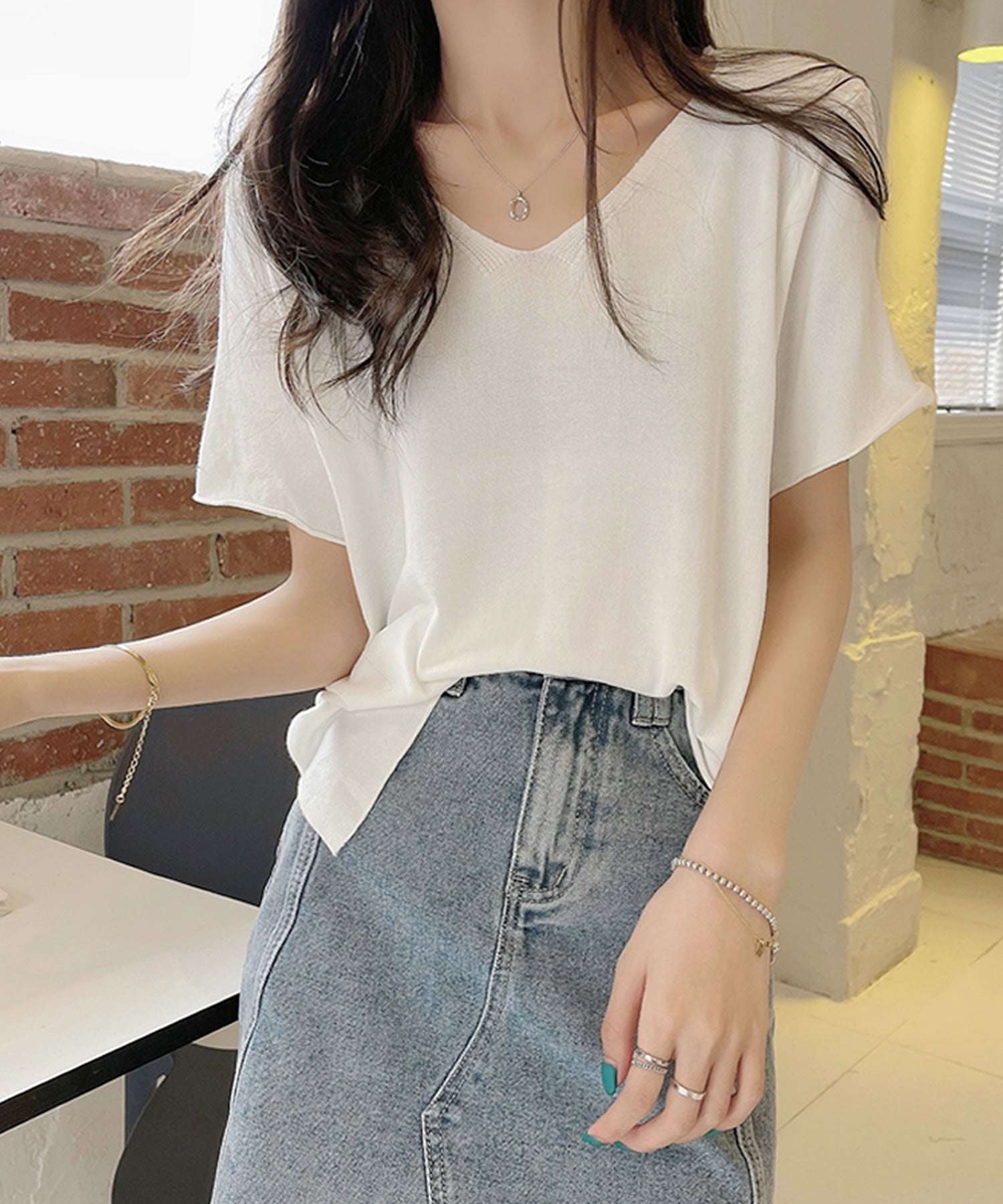 グランディール Grandeir 全4色 Vネック五分袖サマーニットトップス (ブラック) ブラック