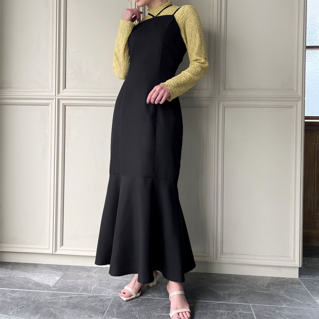 ジュノア JUNOAH スリットスリーブトップス+マーメイドキャミワンピースset