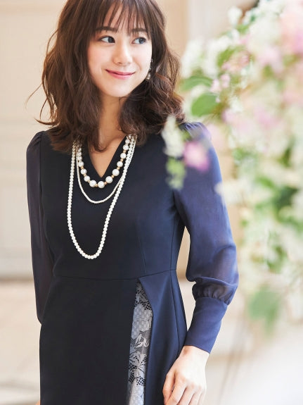 レースレイヤードVネックタイトワンピース (ネイビー×ライトグレー(NE)) ブルー