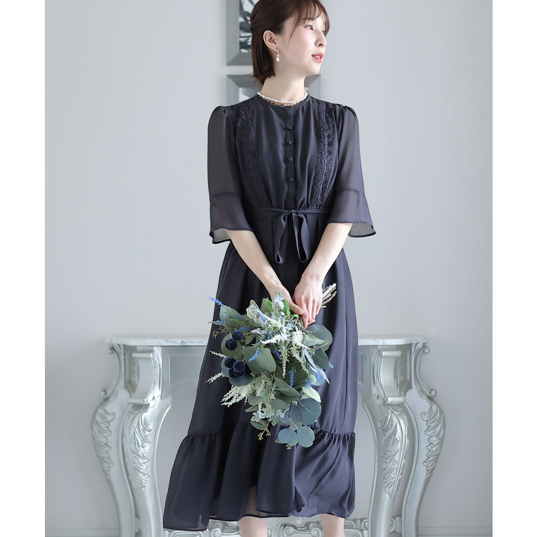 プールヴー PourVous ベルスリーブパーティードレス大きいサイズロング&七分袖結婚式フォーマル ワンピース 20代 30代 40代 (ブルー) ブルー