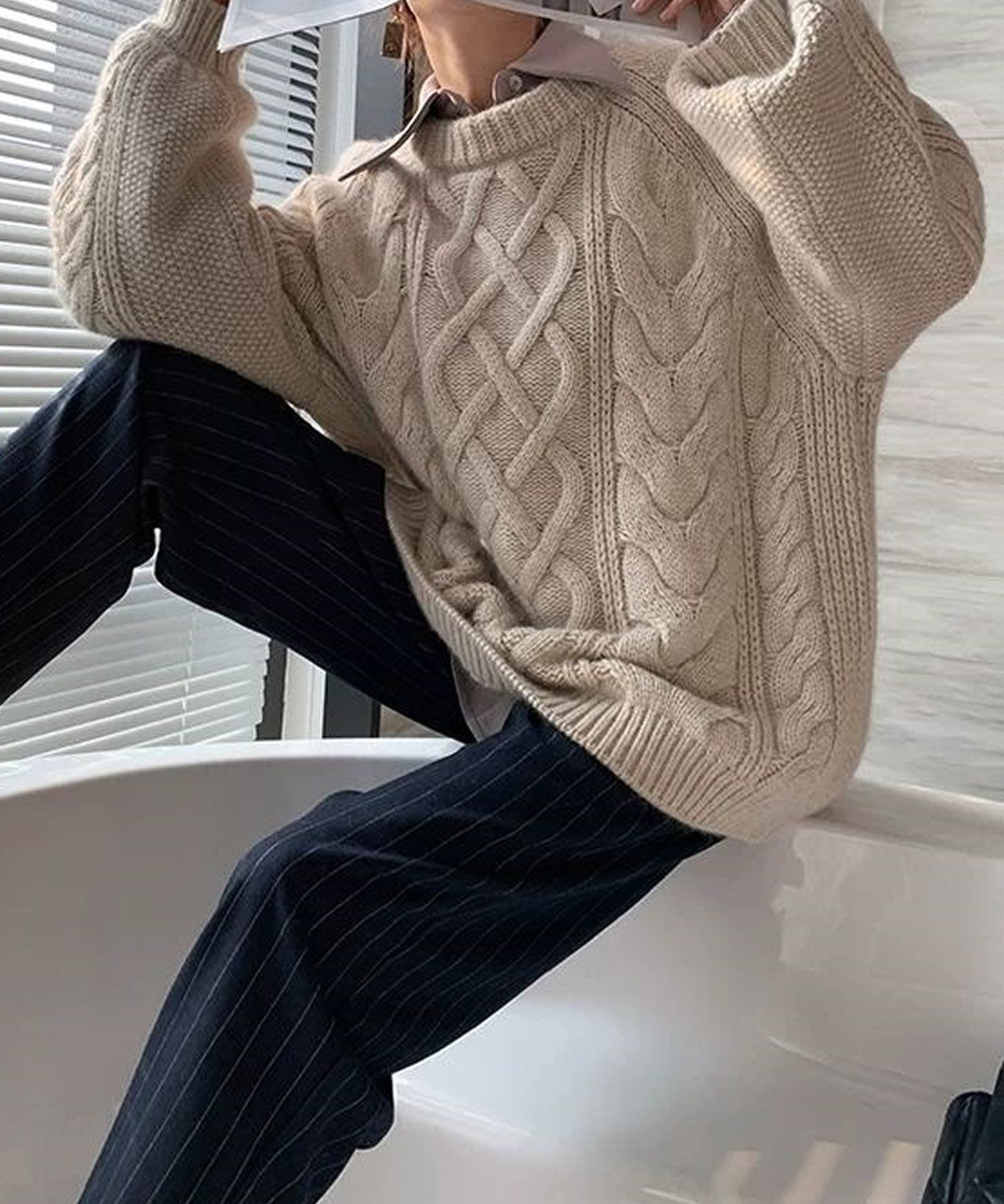 グランディール Grandeir 切替デザインケーブルニットトップス (パープル) パープル