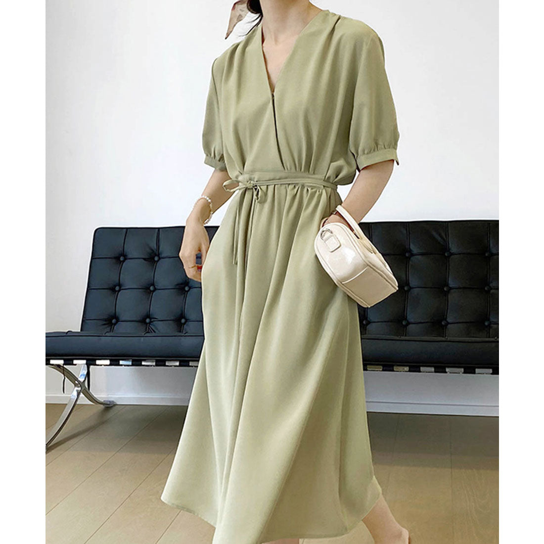 カシュクールワンピース Vネック夏ワンピ ブラック