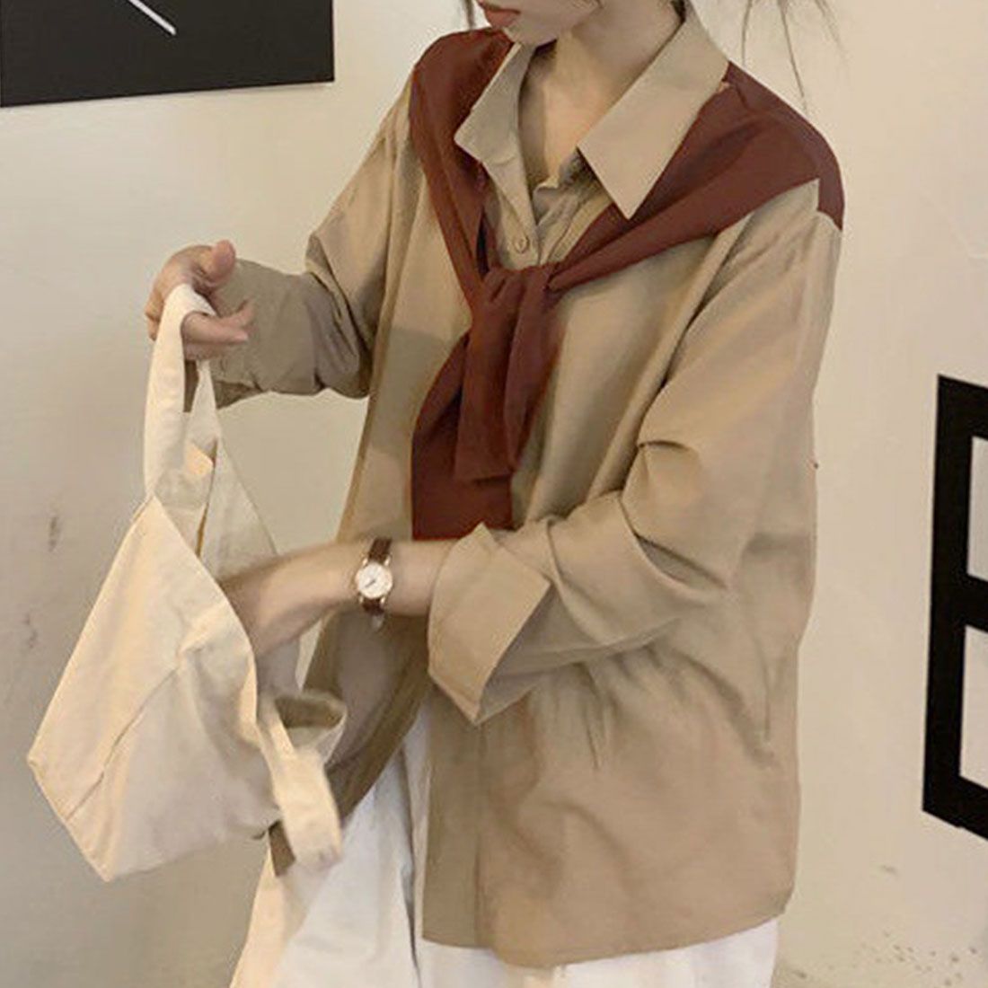 アミュレット Amulet 肩掛け風バイカラーシャツ レディース トップス 長袖 無地 春服 秋 10代 20代 30代 韓国ファッション カジュアル アクセント 差し色 個性的