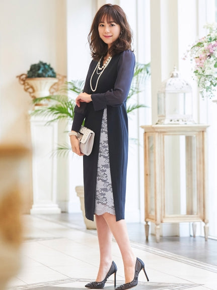 レースレイヤードVネックタイトワンピース (ネイビー×ライトグレー(NE)) ブルー