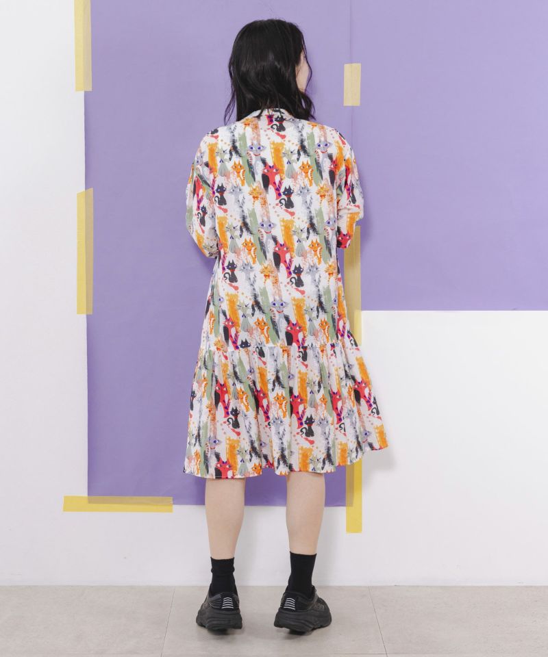 スカラー ScoLar アートなネコ柄ペイントタッチ前開きワンピース (オフホワイト) オフホワイト