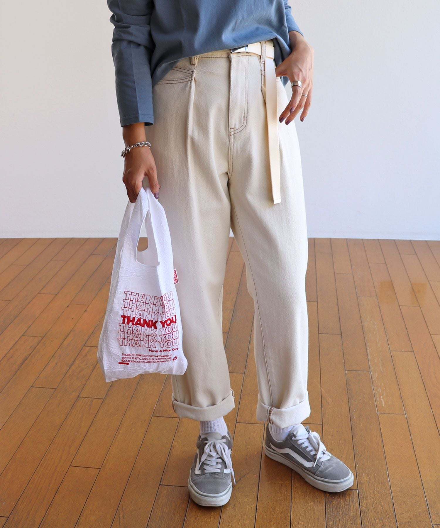 アンドミー andme コットンツイルハイウエストワイドパンツ ウエストゴム