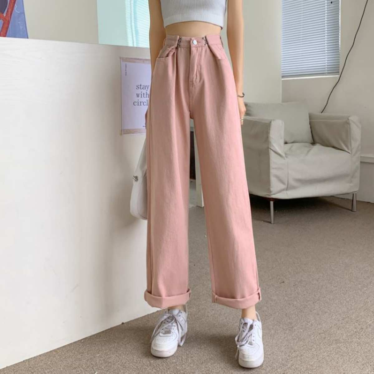 ベルシー Belle Cie ワイドパンツ レディース ウエストシェイプ ハイウエスト パンツ ゆったり ジーンズ ハイウェスト デニム ボトムス (ピンク) ピンク