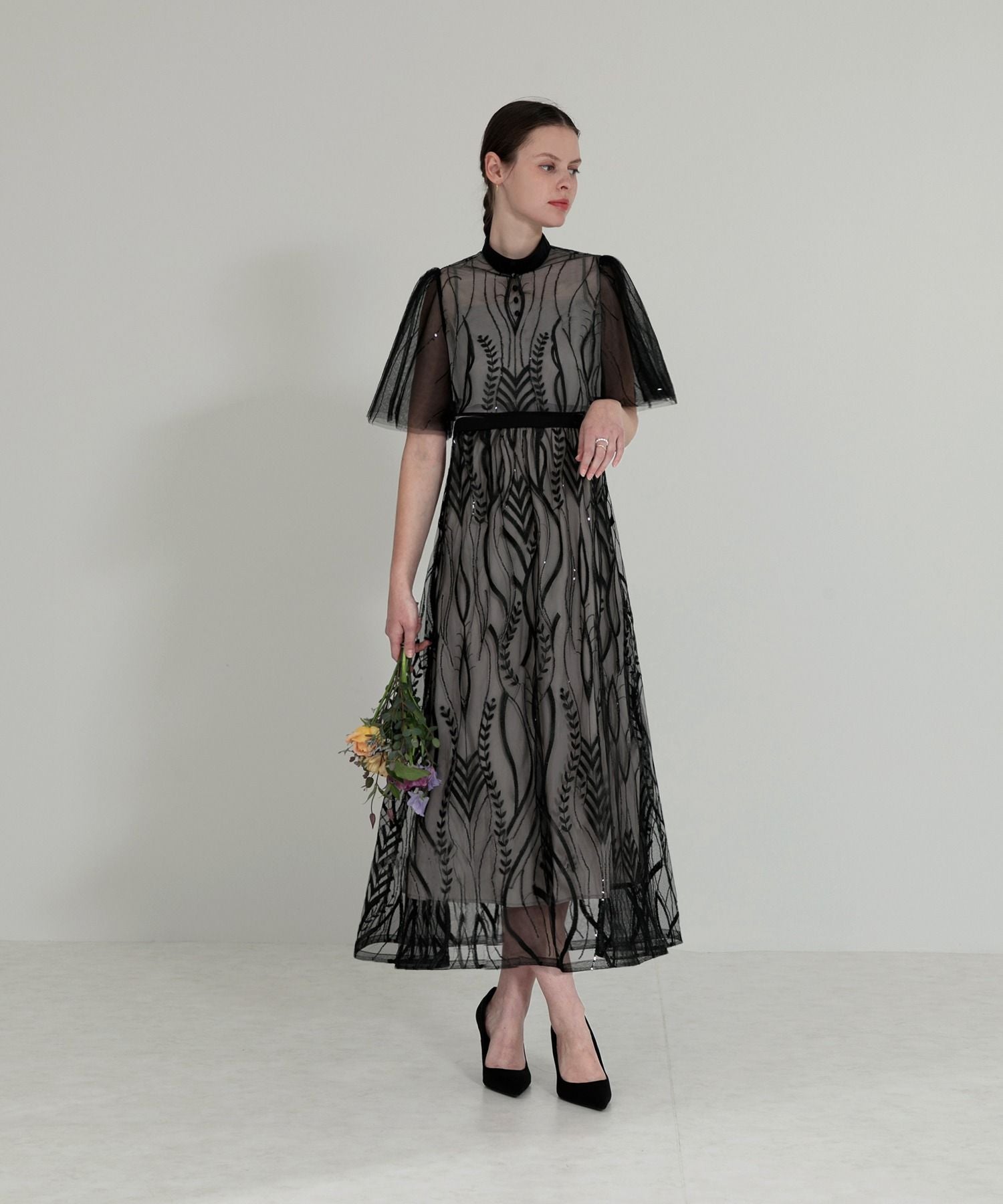 レジャ Leja ボレロ付きレース刺繍プチハイネックウエストマークセットアップワンピースロングドレス美脚効果結婚式 パーティードレス 成人式 20代 30代 40代