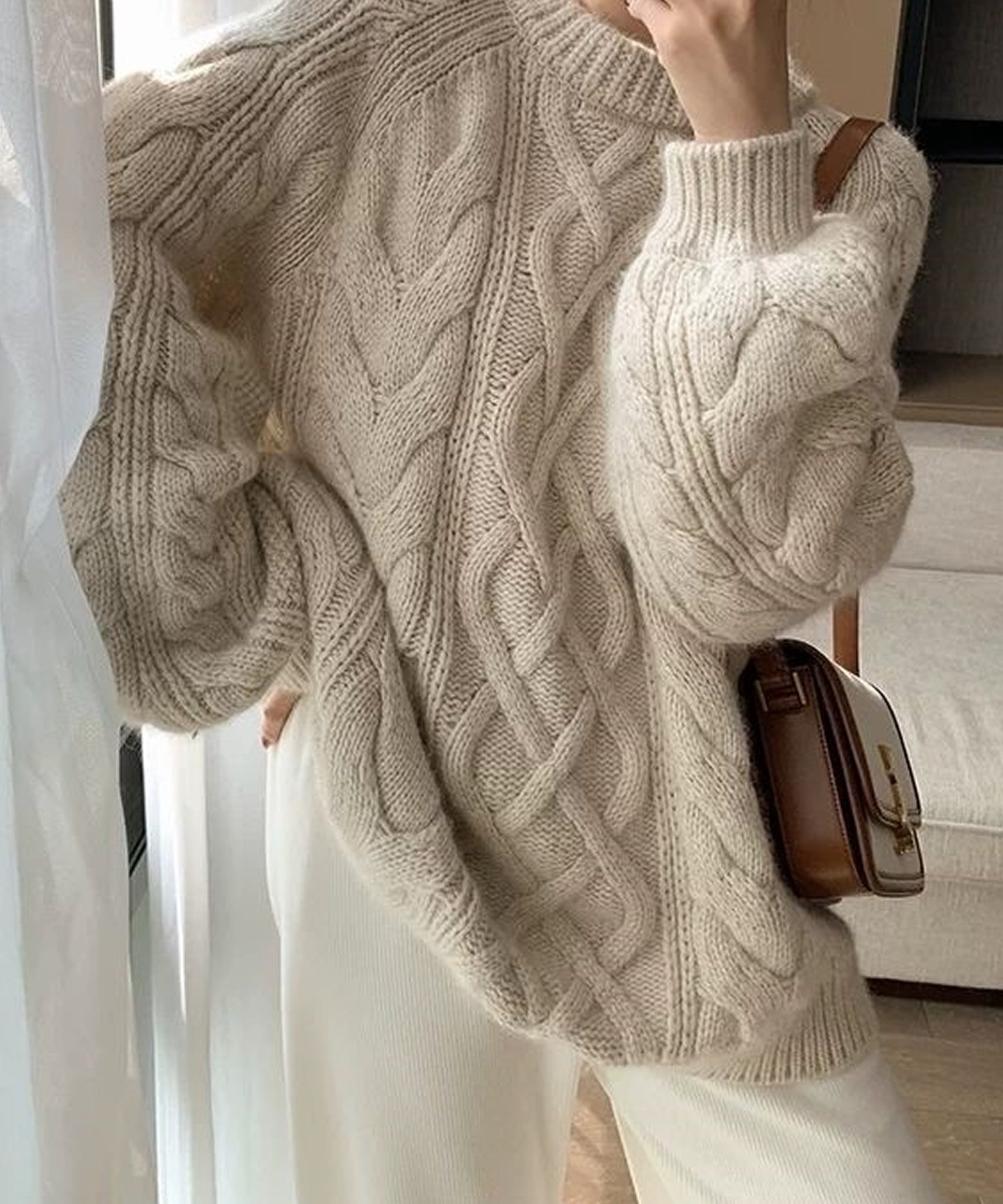 グランディール Grandeir 切替デザインケーブルニットトップス (パープル) パープル