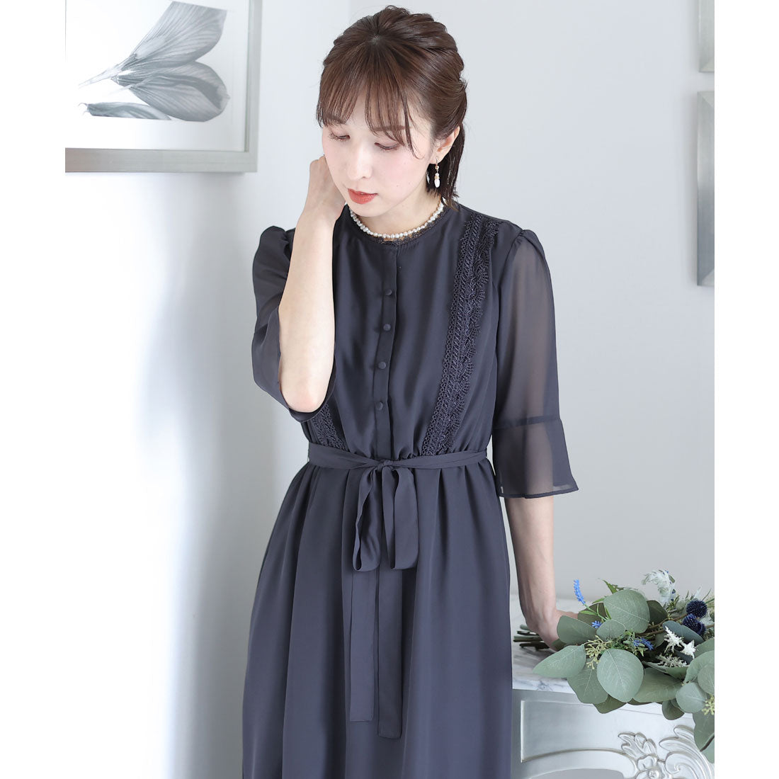 プールヴー PourVous ベルスリーブパーティードレス大きいサイズロング&七分袖結婚式フォーマル ワンピース 20代 30代 40代 (ブルー) ブルー