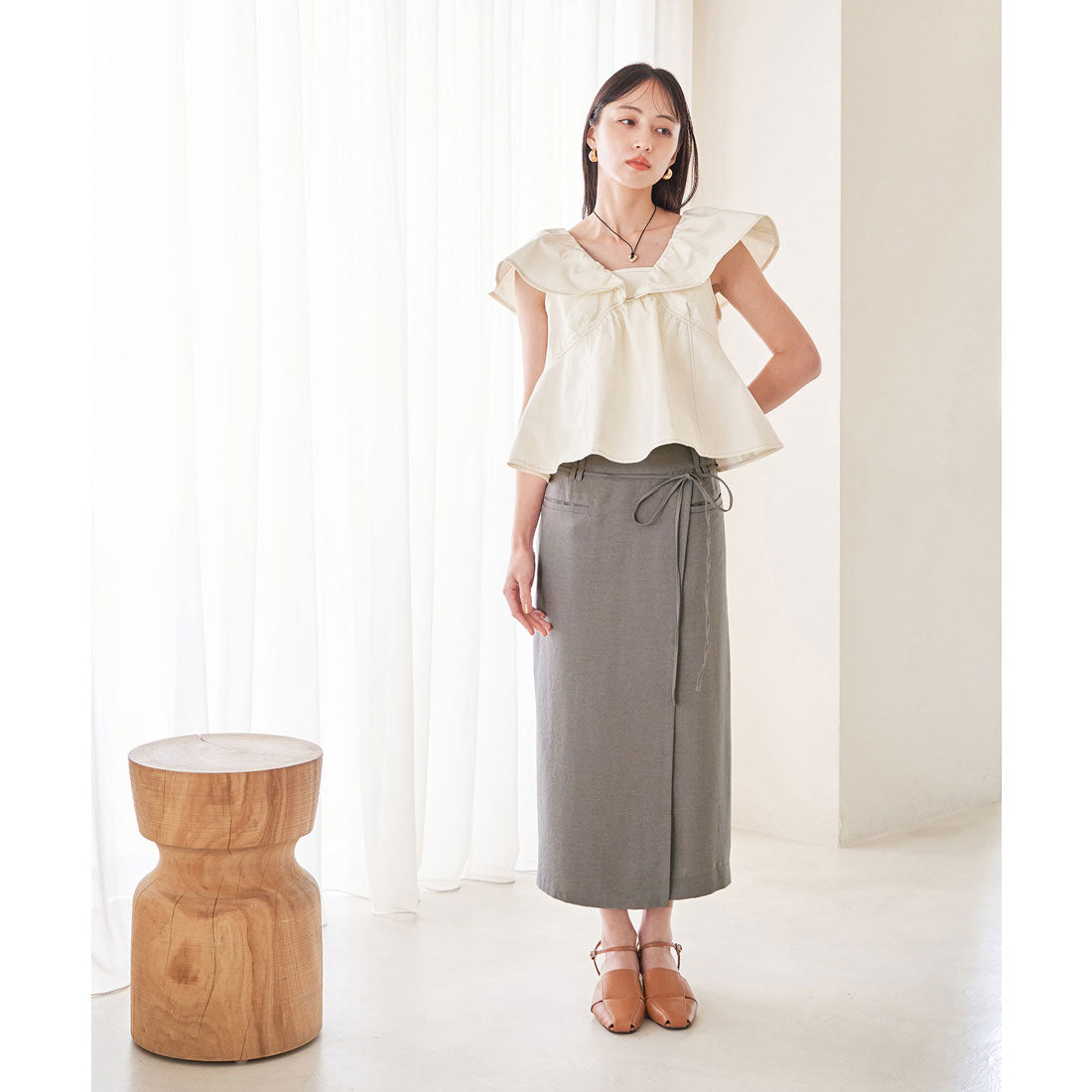 ビス VIS 【接触冷感・洗える】美easyリネンライクベルト付き Iラインスカート (グレー(07)) グレー(07)