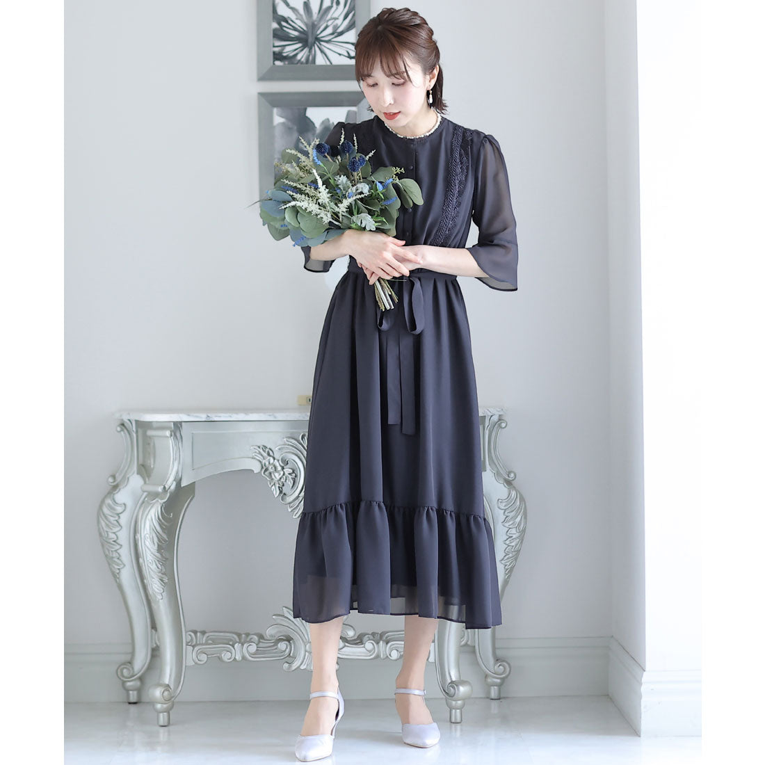 プールヴー PourVous ベルスリーブパーティードレス大きいサイズロング&七分袖結婚式フォーマル ワンピース 20代 30代 40代 (ブルー) ブルー