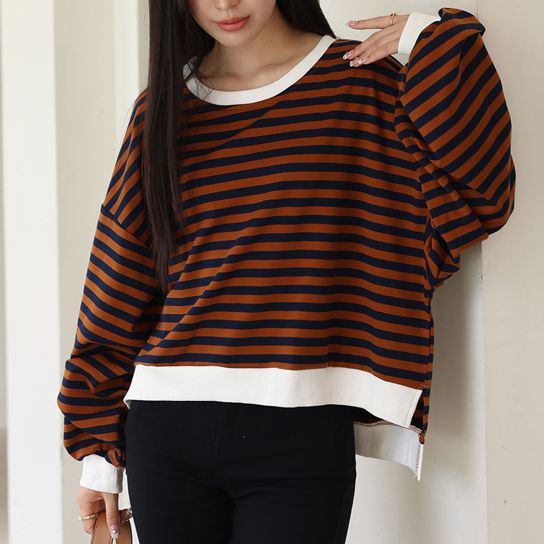 アミュレット Amulet ストライプトップス ルーズオーバー シルエット コットン ブレンドバルーンスリーブ ボーダープルオーバー (ブラック) ブラック