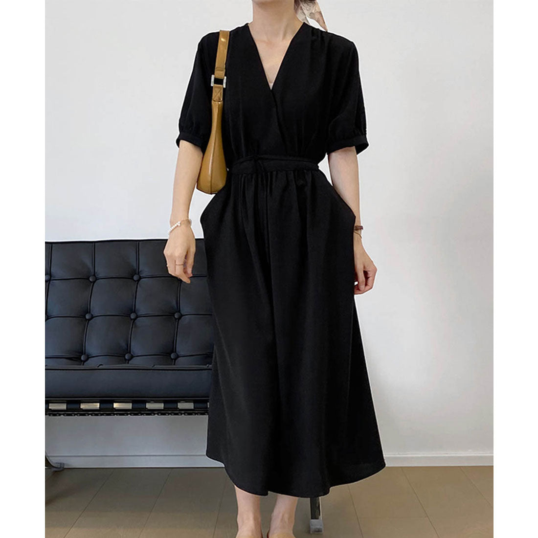 カシュクールワンピース Vネック夏ワンピ ブラック