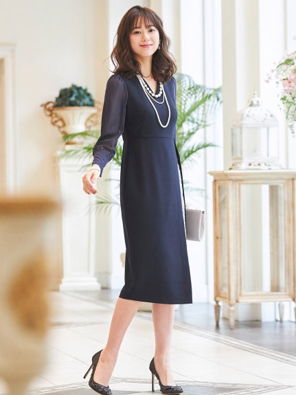 レースレイヤードVネックタイトワンピース (ネイビー×ライトグレー(NE)) ブルー