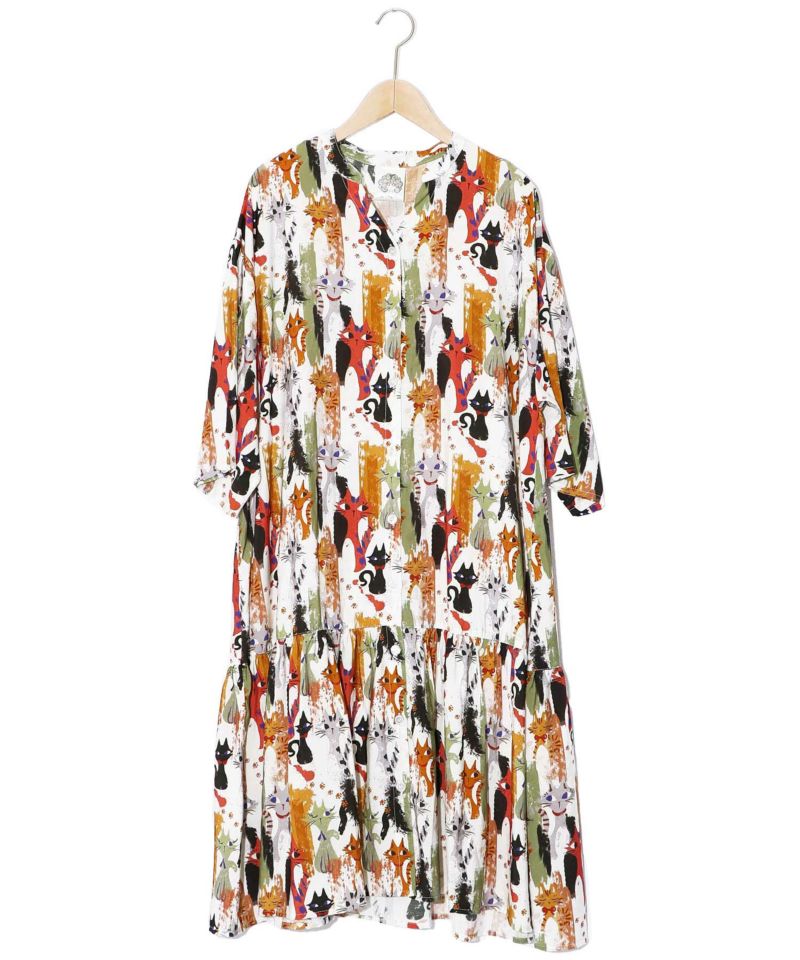 スカラー ScoLar アートなネコ柄ペイントタッチ前開きワンピース (オフホワイト) オフホワイト