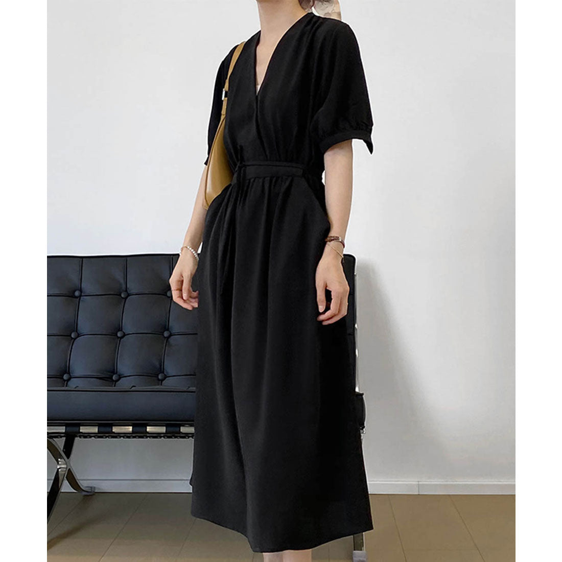 カシュクールワンピース Vネック夏ワンピ ブラック