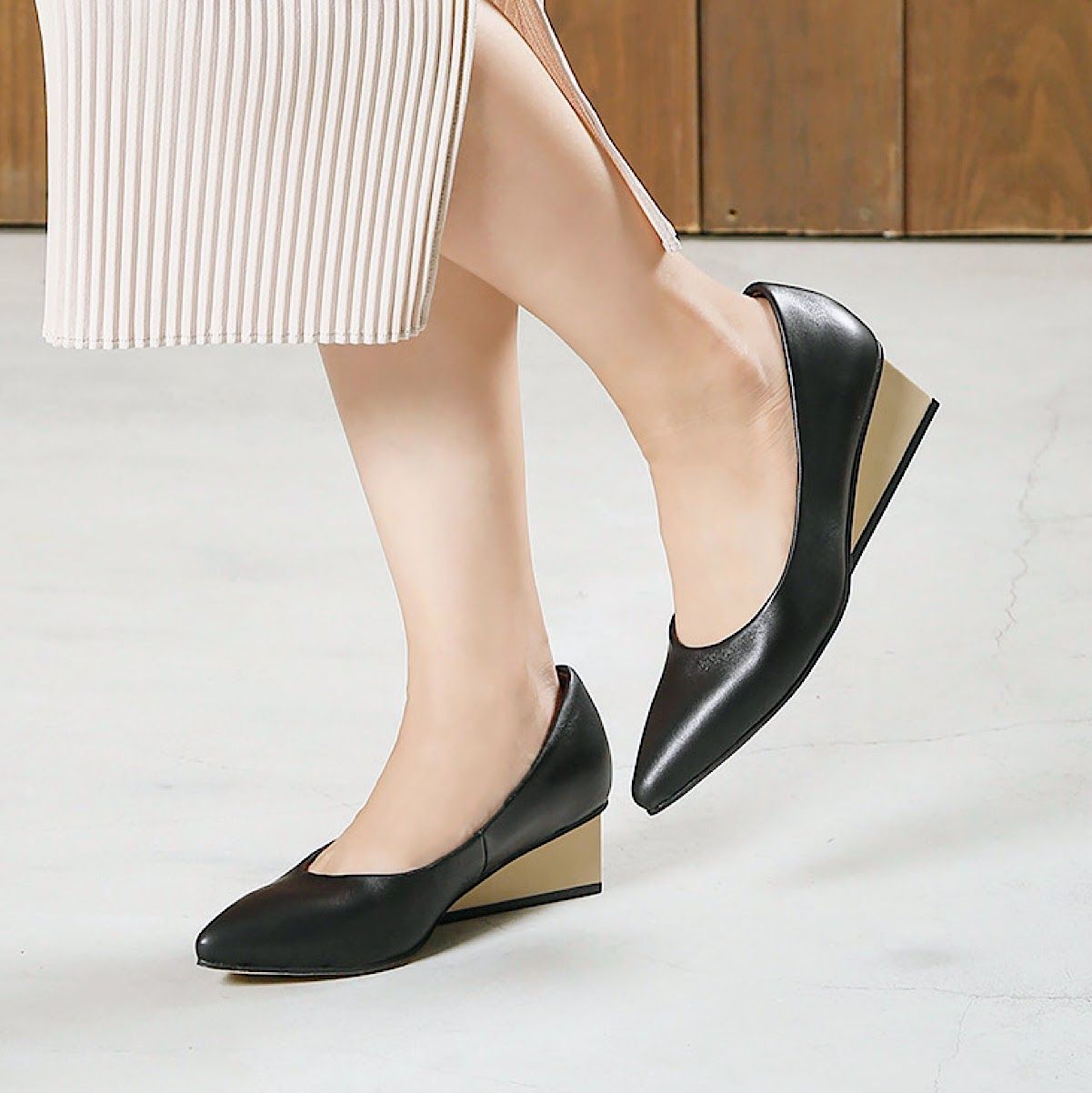 オールブラック ALL BLACK 【Leather】ウェッジヒールパンプス