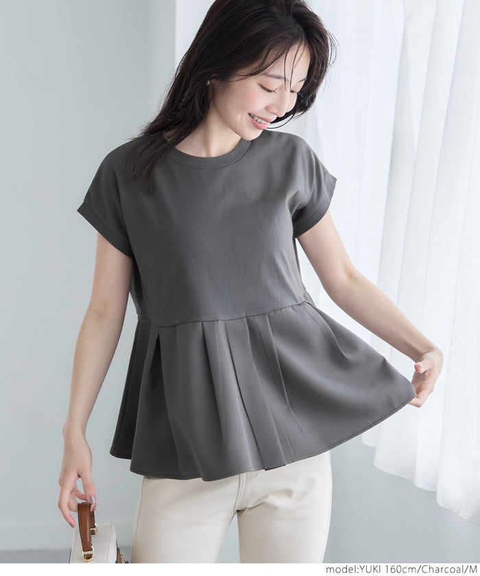 コカ coca 異素材切り替えフレンチスリーブフレアトップス (White) White