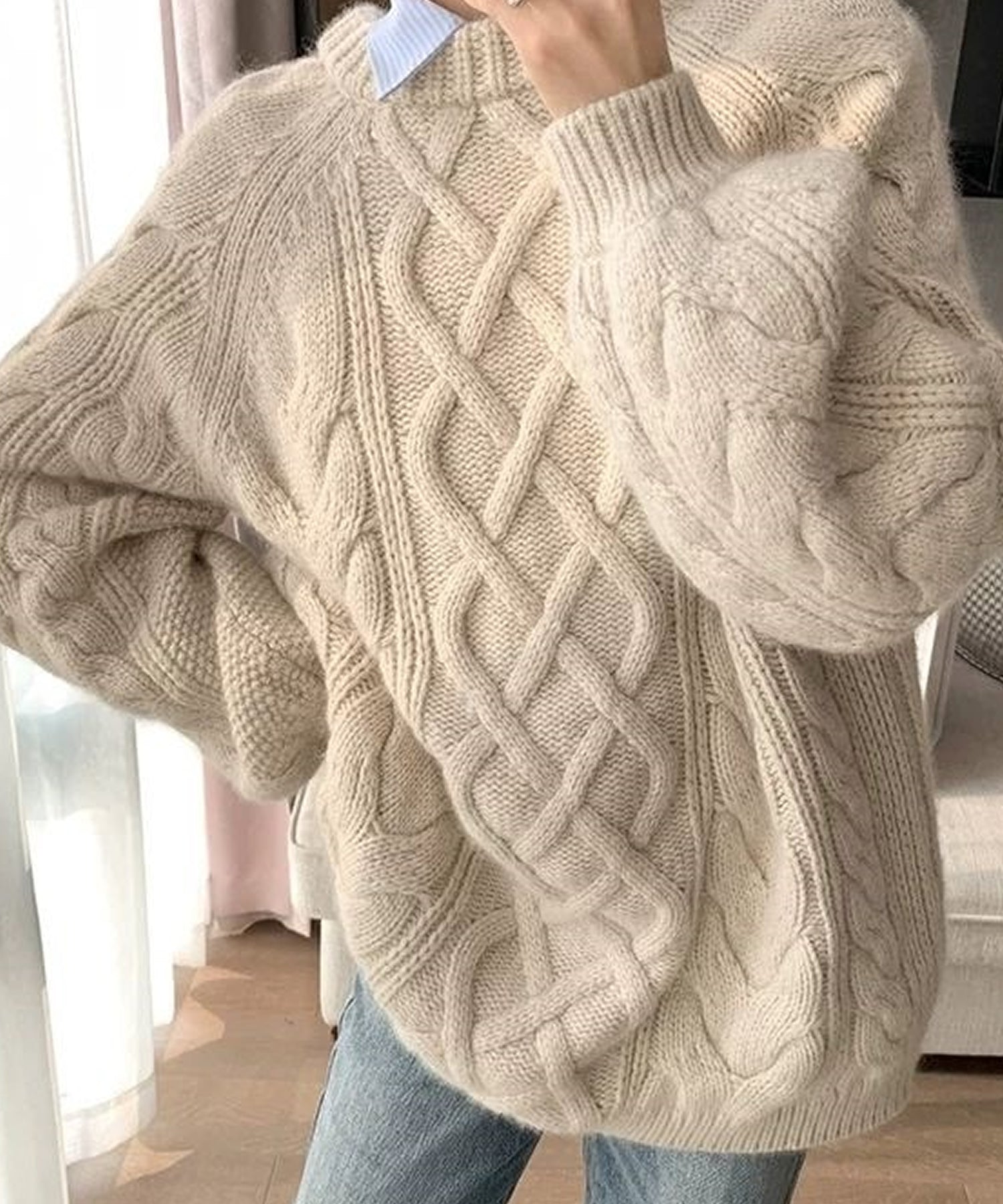 グランディール Grandeir 切替デザインケーブルニットトップス (パープル) パープル