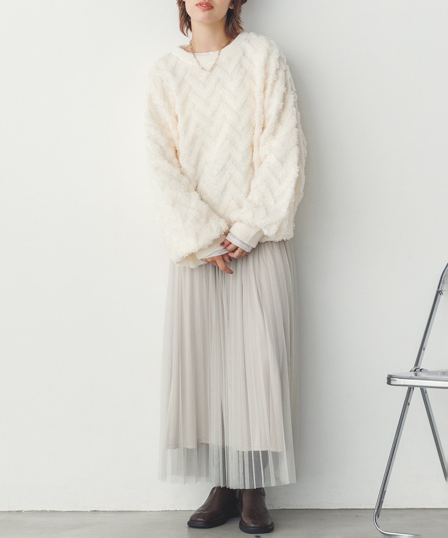 ハンチ hunch モヘアタッチヘリンボーン柄編みニット (オフホワイト) オフホワイト