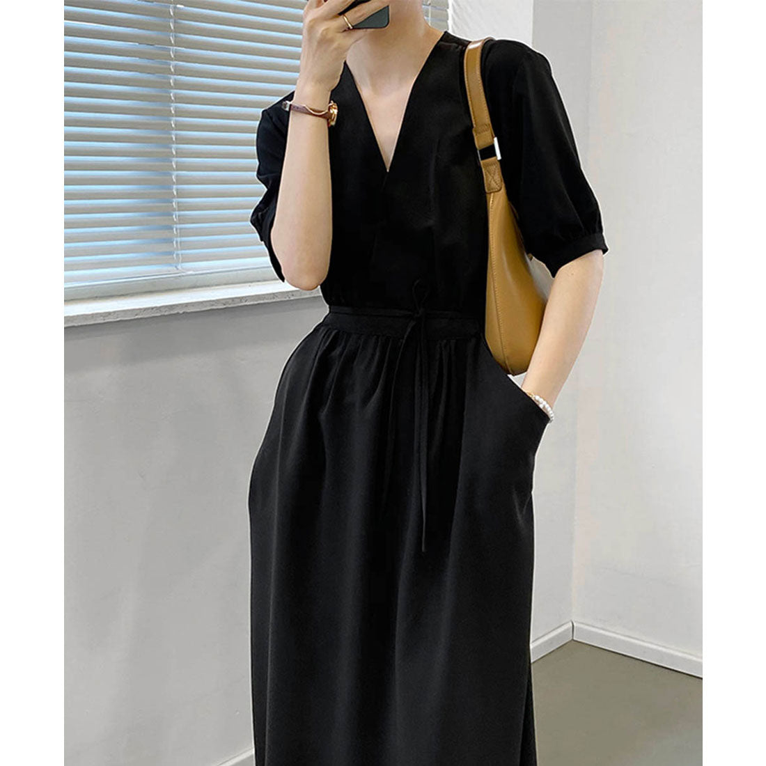 カシュクールワンピース Vネック夏ワンピ ブラック