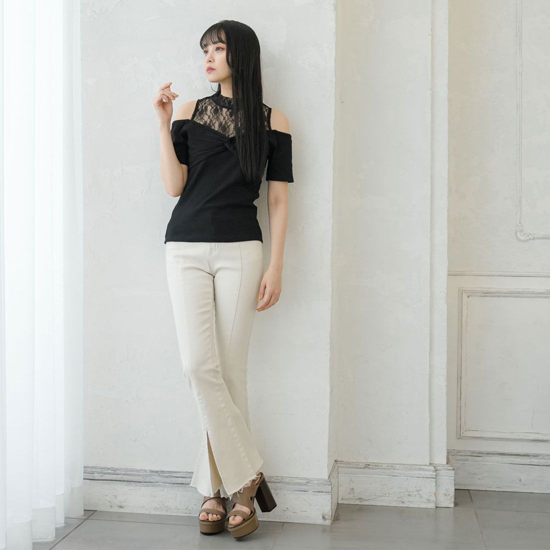 ユメテンボウ 夢展望 レースレイヤードテレコリブトップス