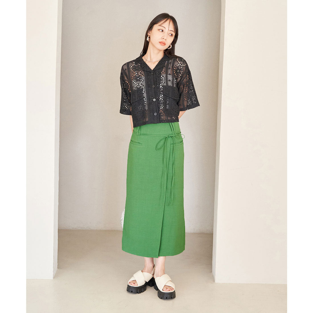 ビス VIS 【接触冷感・洗える】美easyリネンライクベルト付き Iラインスカート (グレー(07)) グレー(07)