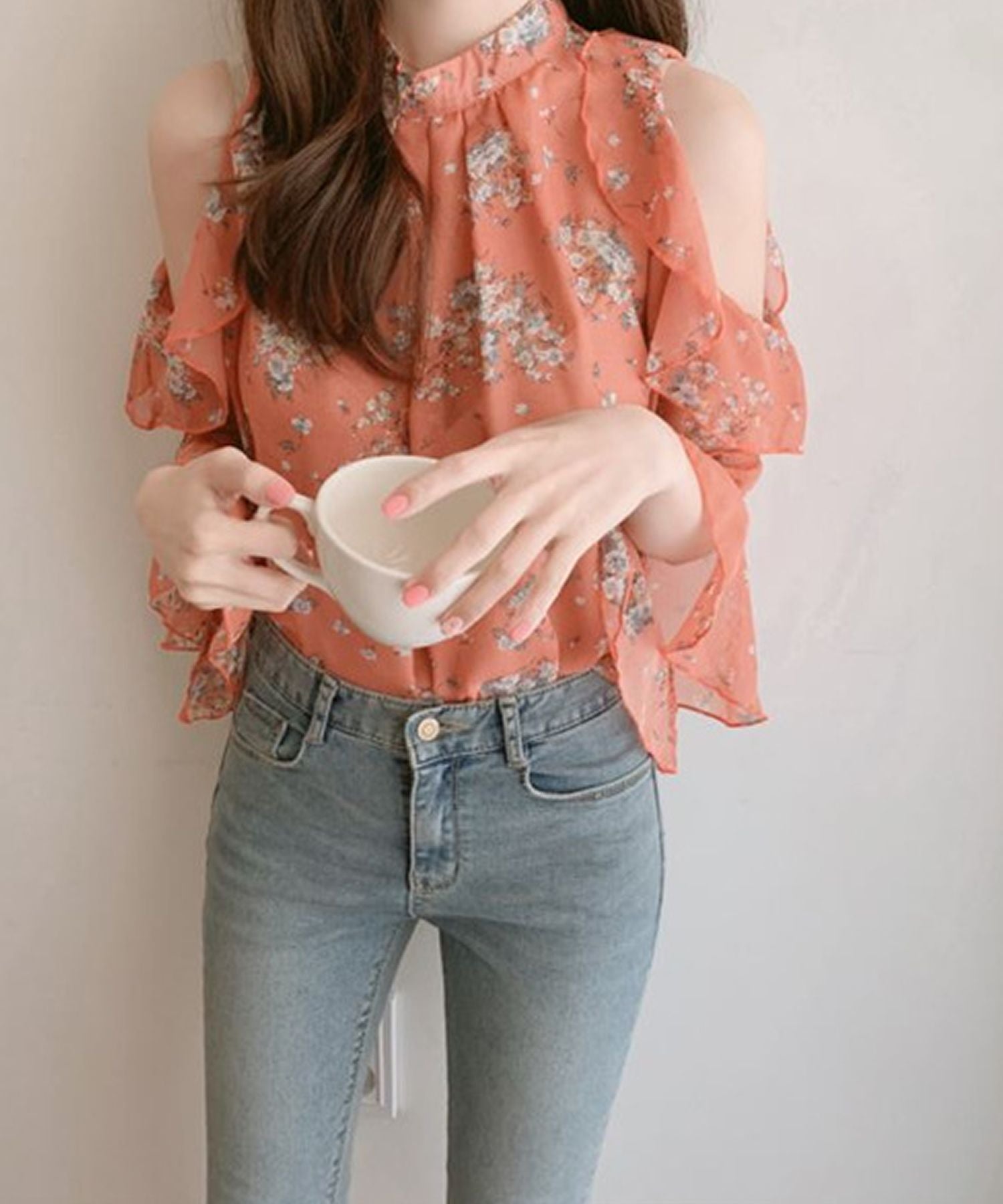 グランディール Grandeir オープンショルダー小花柄シフォンブラウス