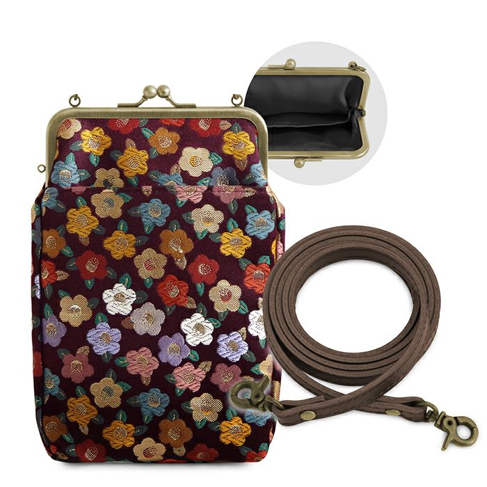 Metal clasp walking pouch with brocade