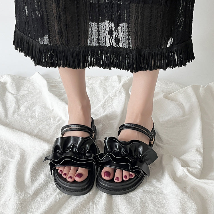 シューズインクローゼット Shoes in Closet -シュークロ- 軽量厚底 2WAY ボリューム ラッフル / フリル サンダル 6908 （ブラック/スムース） ブラック/スムース