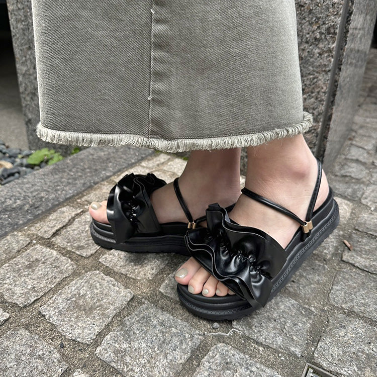 シューズインクローゼット Shoes in Closet -シュークロ- 軽量厚底 2WAY ボリューム ラッフル / フリル サンダル 6908 （ブラック/スムース） ブラック/スムース