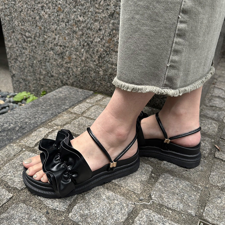シューズインクローゼット Shoes in Closet -シュークロ- 軽量厚底 2WAY ボリューム ラッフル / フリル サンダル 6908 （ブラック/スムース） ブラック/スムース