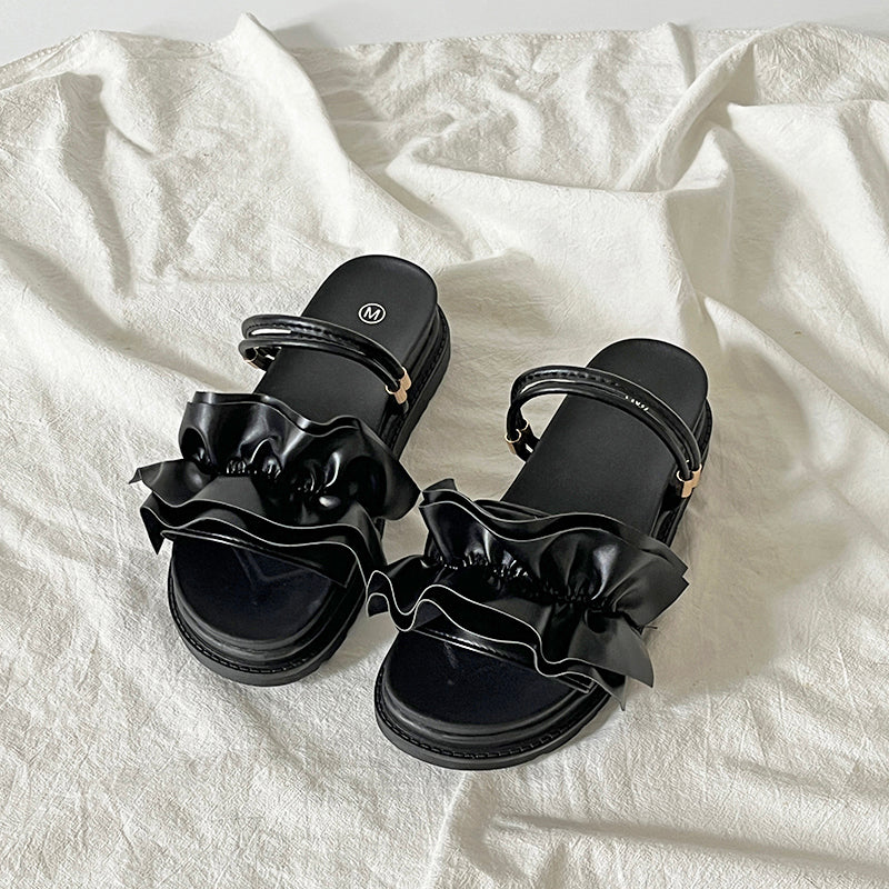 シューズインクローゼット Shoes in Closet -シュークロ- 軽量厚底 2WAY ボリューム ラッフル / フリル サンダル 6908 （ブラック/スムース） ブラック/スムース