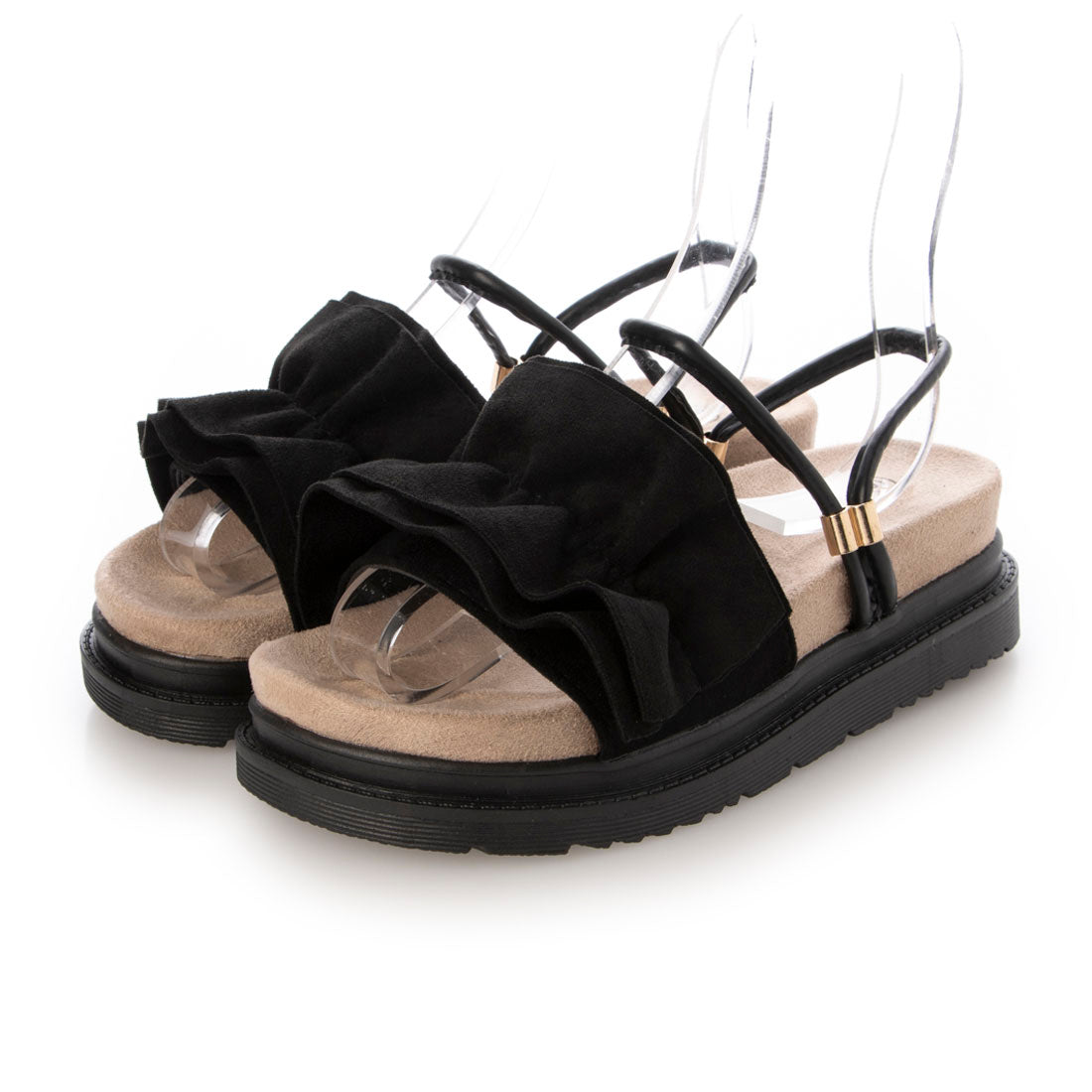 シューズインクローゼット Shoes in Closet -シュークロ- 軽量厚底 2WAY ボリューム ラッフル / フリル サンダル 6908 （ブラック/スエード） ブラック/スエード