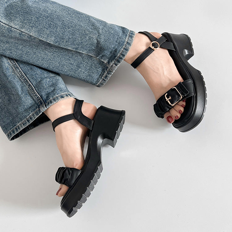シューズインクローゼット Shoes in Closet -シュークロ- 軽量厚底 チャンキーヒール バックル ギャザーベルト サンダル 5991 （ブラック） ブラック