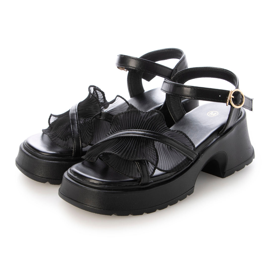 シューズインクローゼット Shoes in Closet -シュークロ- 軽量厚底 チャンキーヒール チュール フリル サンダル 5985 （ブラック） ブラック