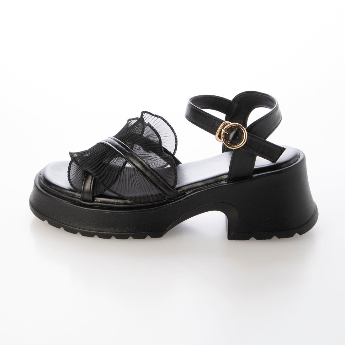 シューズインクローゼット Shoes in Closet -シュークロ- 軽量厚底 チャンキーヒール チュール フリル サンダル 5985 （ブラック） ブラック