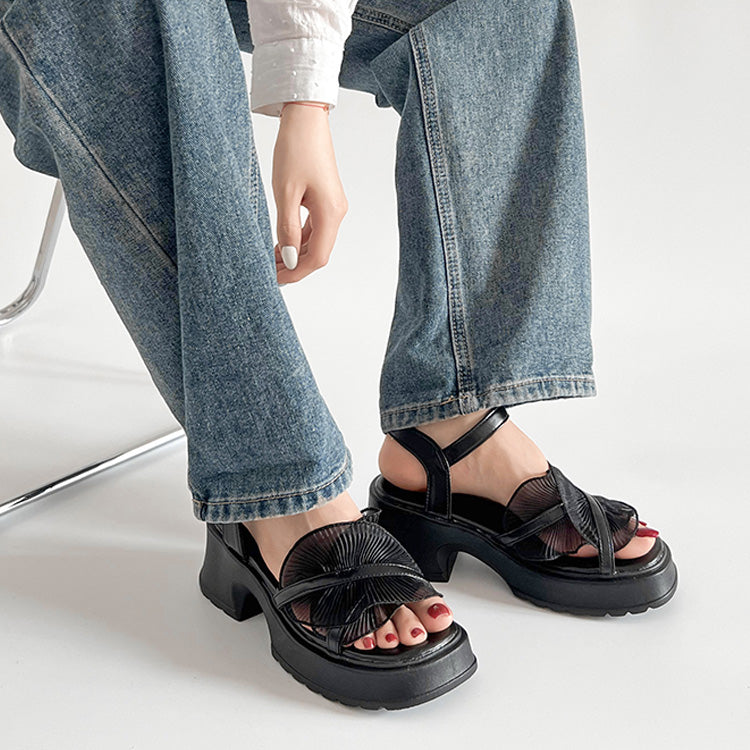 シューズインクローゼット Shoes in Closet -シュークロ- 軽量厚底 チャンキーヒール チュール フリル サンダル 5985 （ブラック） ブラック