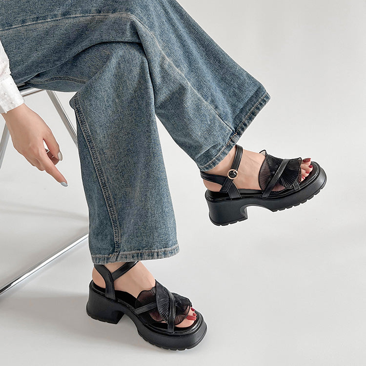 シューズインクローゼット Shoes in Closet -シュークロ- 軽量厚底 チャンキーヒール チュール フリル サンダル 5985 （ブラック） ブラック