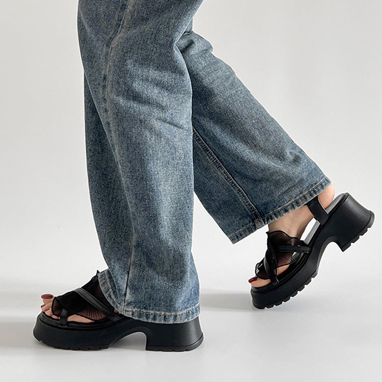 シューズインクローゼット Shoes in Closet -シュークロ- 軽量厚底 チャンキーヒール チュール フリル サンダル 5985 （ブラック） ブラック