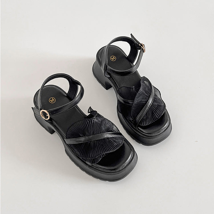 シューズインクローゼット Shoes in Closet -シュークロ- 軽量厚底 チャンキーヒール チュール フリル サンダル 5985 （ブラック） ブラック