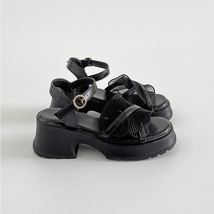 シューズインクローゼット Shoes in Closet -シュークロ- 軽量厚底 チャンキーヒール チュール フリル サンダル 5985 （ブラック） ブラック