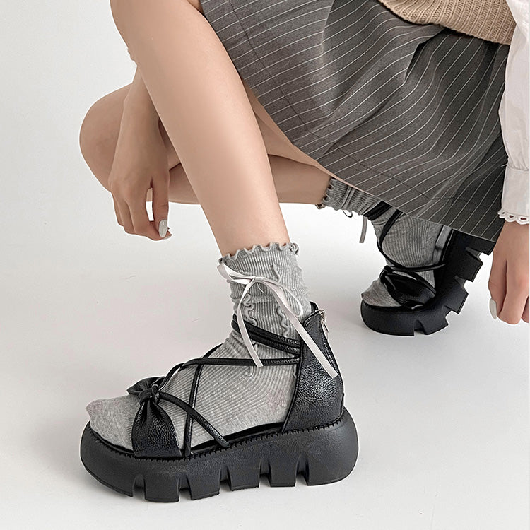 シューズインクローゼット Shoes in Closet -シュークロ- 厚底 コードストラップ バックファスナー リボン サンダル 993 （ブラック） ブラック