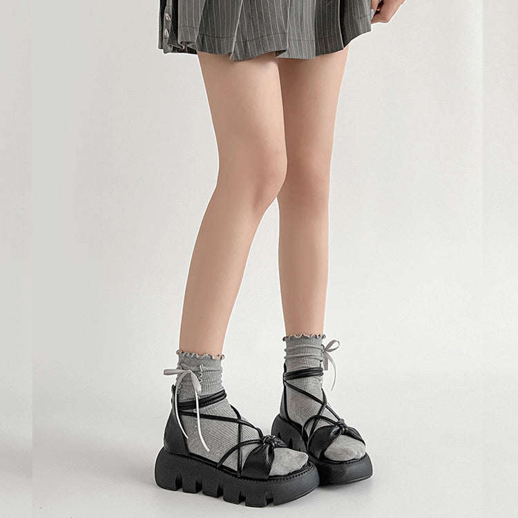 シューズインクローゼット Shoes in Closet -シュークロ- 厚底 コードストラップ バックファスナー リボン サンダル 993 （ブラック） ブラック